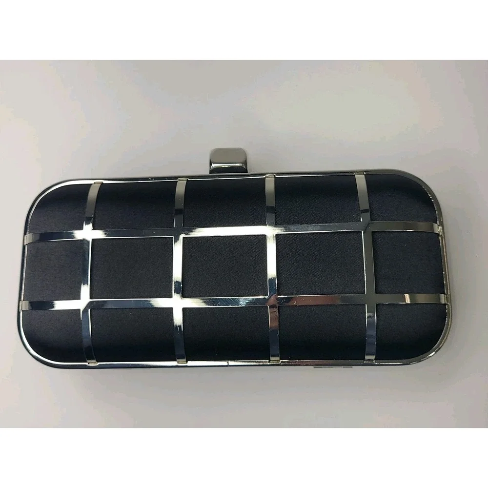 Glint Black Satin Clutch Silver Grid Frame Evening Bag Formal Wedding Goth